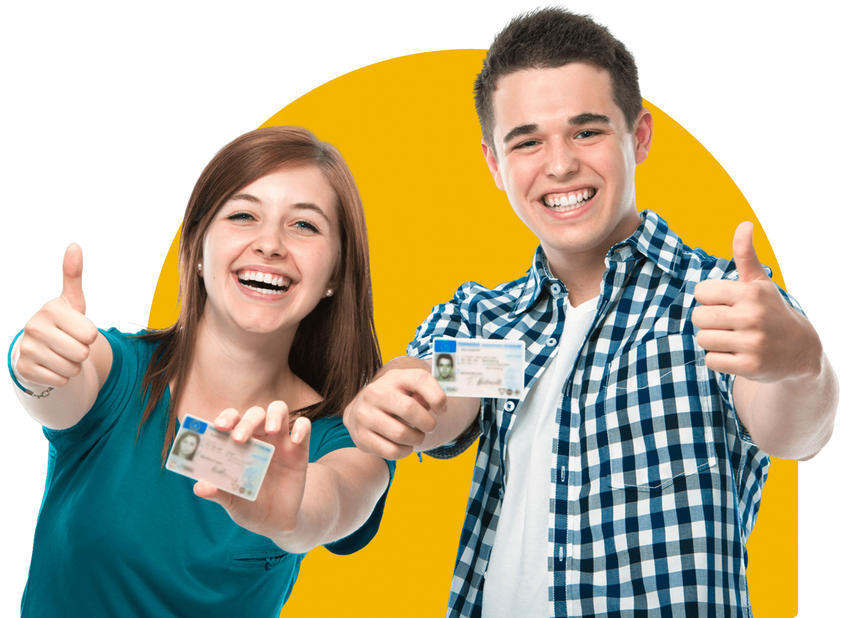 Two smiling people, a woman and a man, hold up ID cards and give a thumbs up. The background is a yellow circle.